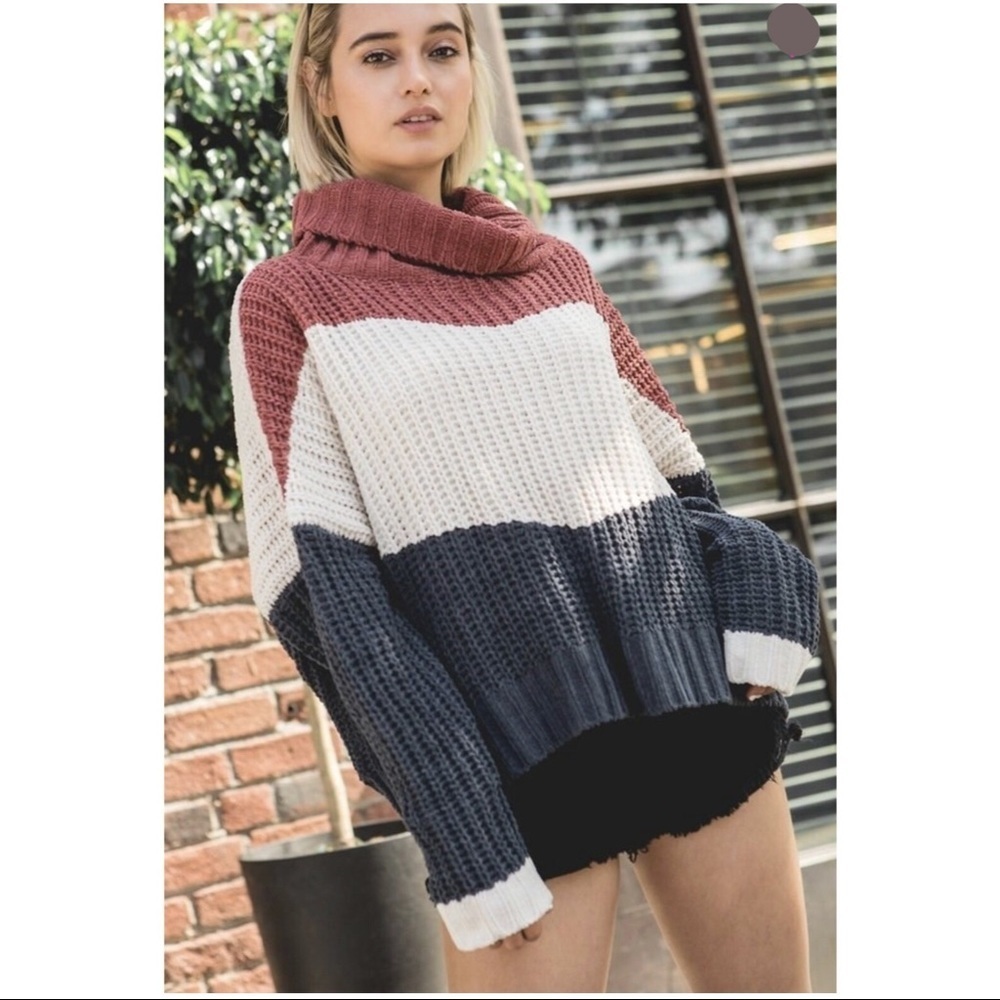 POL clothing size L Sweater soft cozy turtleneck colorblock cable knitting